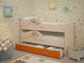 Кровать выкатная Радуга-Сафари детская 1600 Млечный дуб/Оранжевый в Белгороде - belgorod.katalogmebeli.com | фото